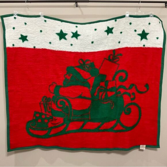 Vintage Biederlack Santa Claus Blanket Holiday Christmas Made in USA Red Green - Picture 1 of 4